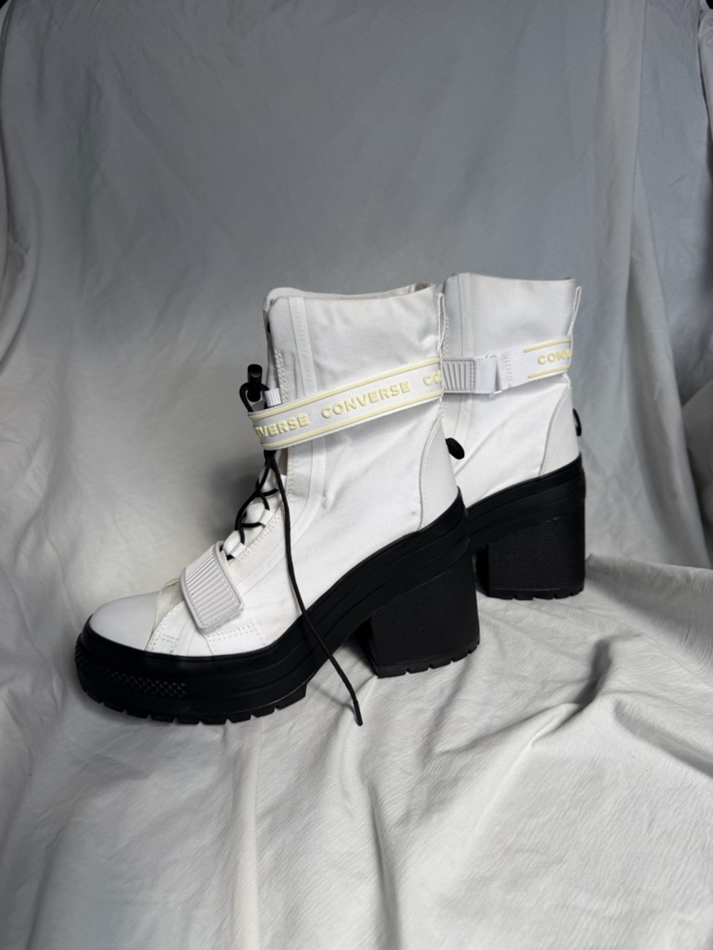 Converse White and Black Platform Lace-Up Heeled Boots